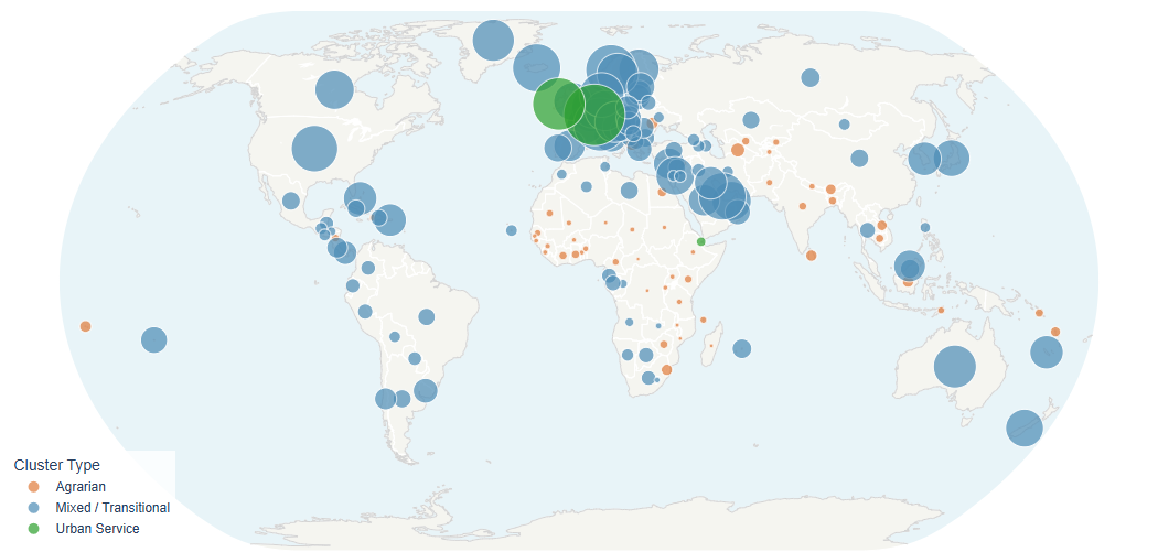 The project's actual world map showing economic clusters and national income